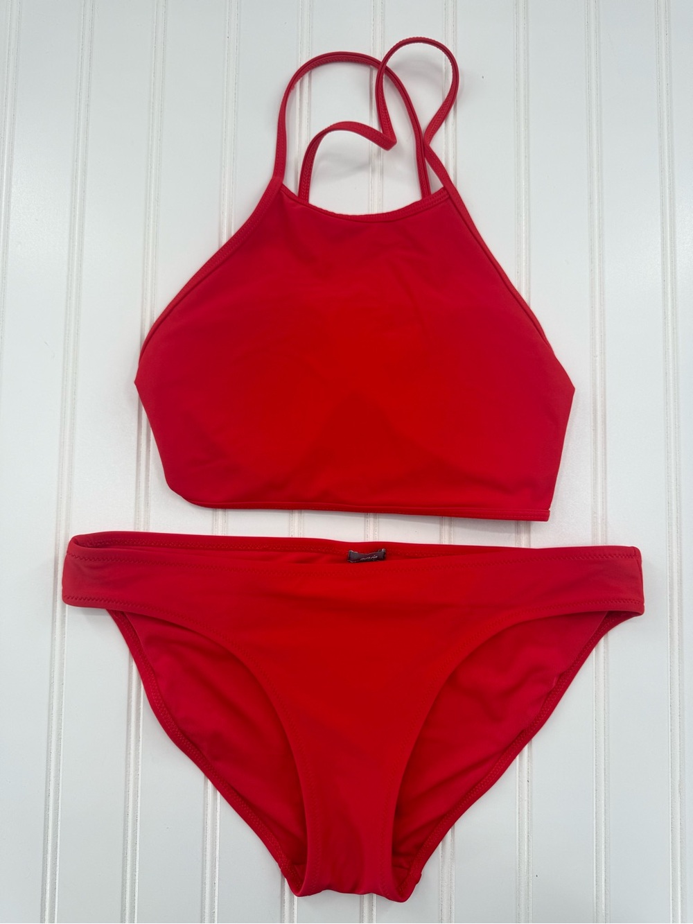 Aerie High Neck Halter Style Strappy Back Classic Bottoms Red Bikini Size Medium